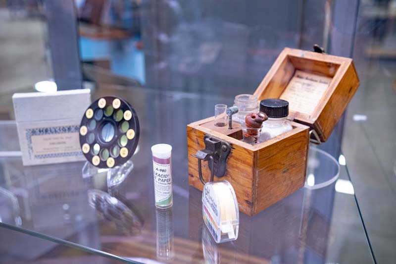 A detail of artifacts in the large display case