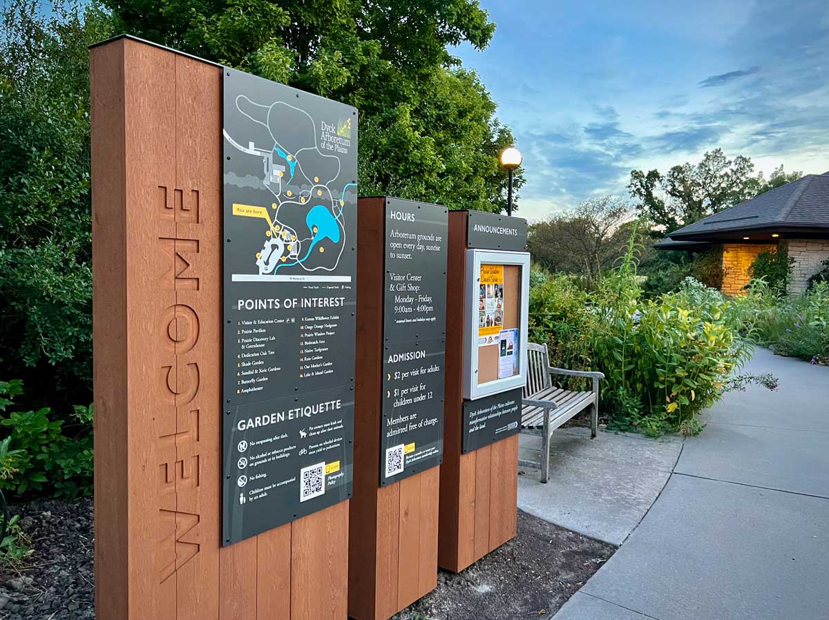 Welcome signage for Dyck Arboretum in Hesston, KS.