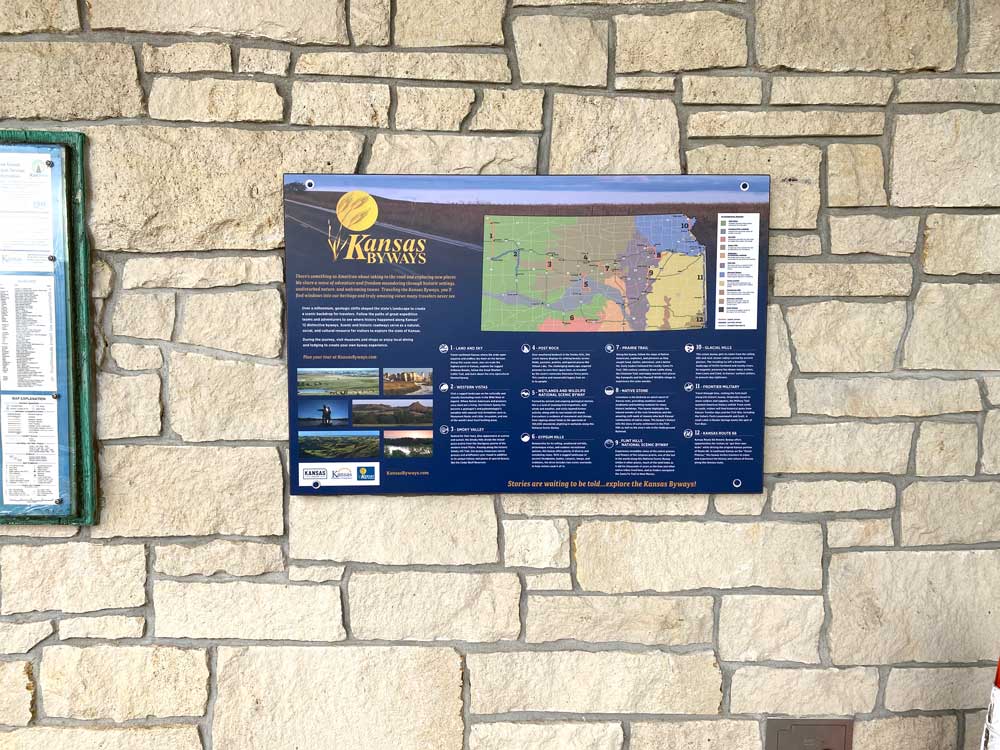 Replacement signage for Kansas Byways mounted throughout Kansas at various rest stops and landmark spots.